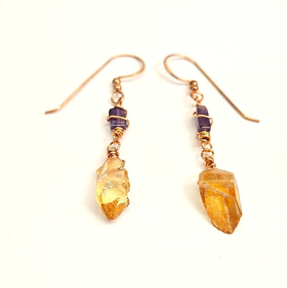 Yellow Crystal Point and Amethyst Wire Wrapped Earrings - Picture 3 of 6